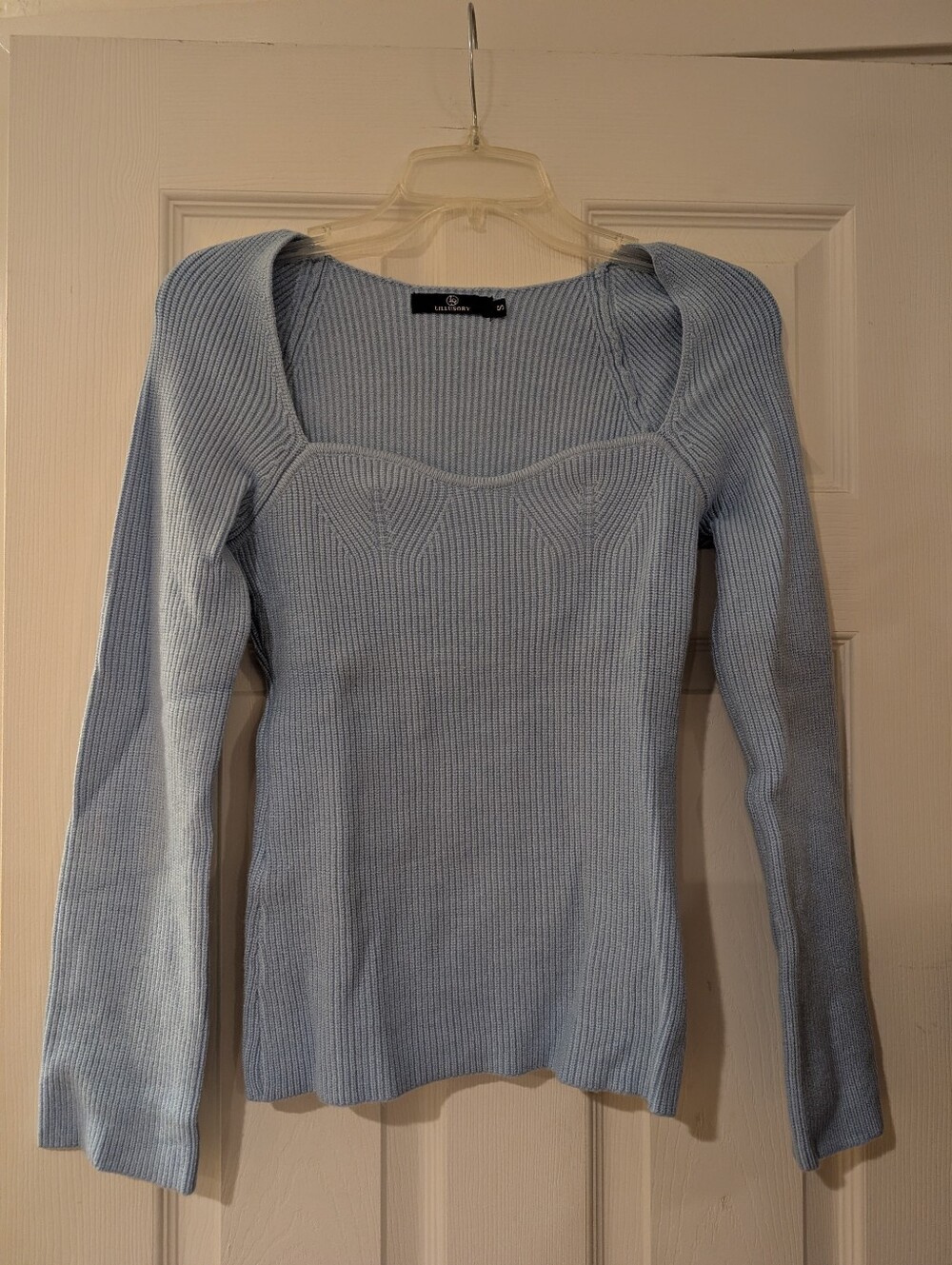 Light Blue Sweetheart Neck Ribbed Sweater
